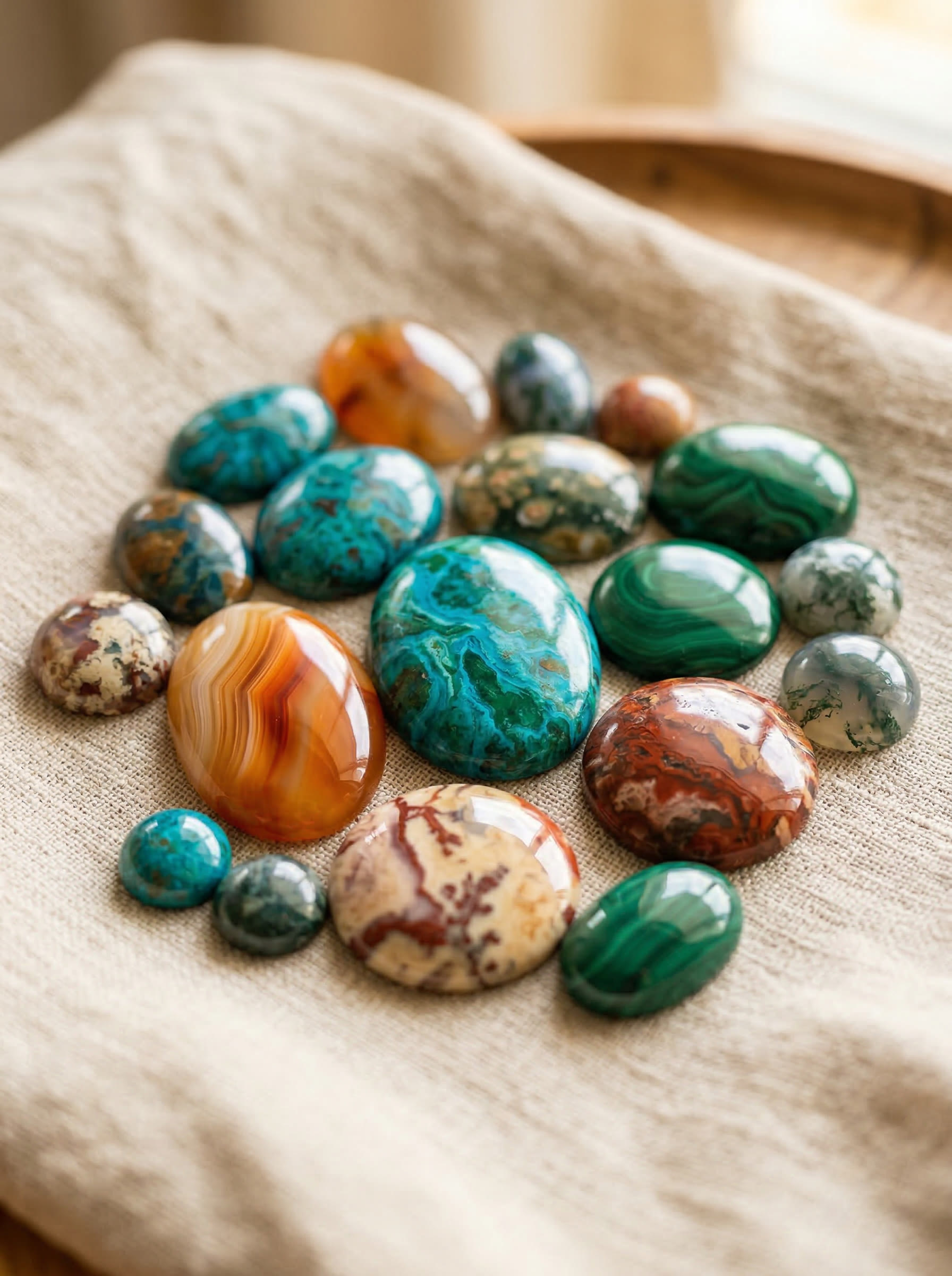 Hand-shaped cabochons with mirror-polished surfaces