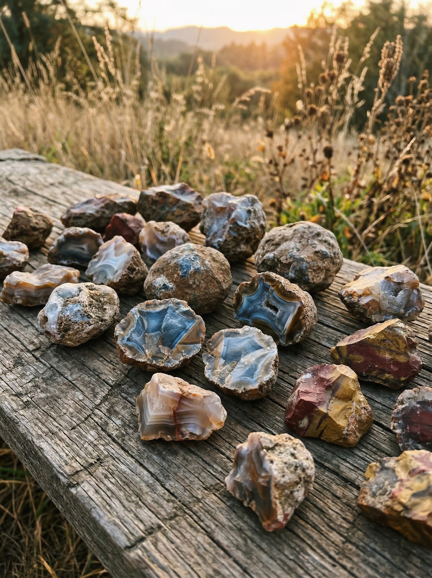 Raw rough gemstones sourced from Oregon, featuring agates and jaspers in warm earth tones