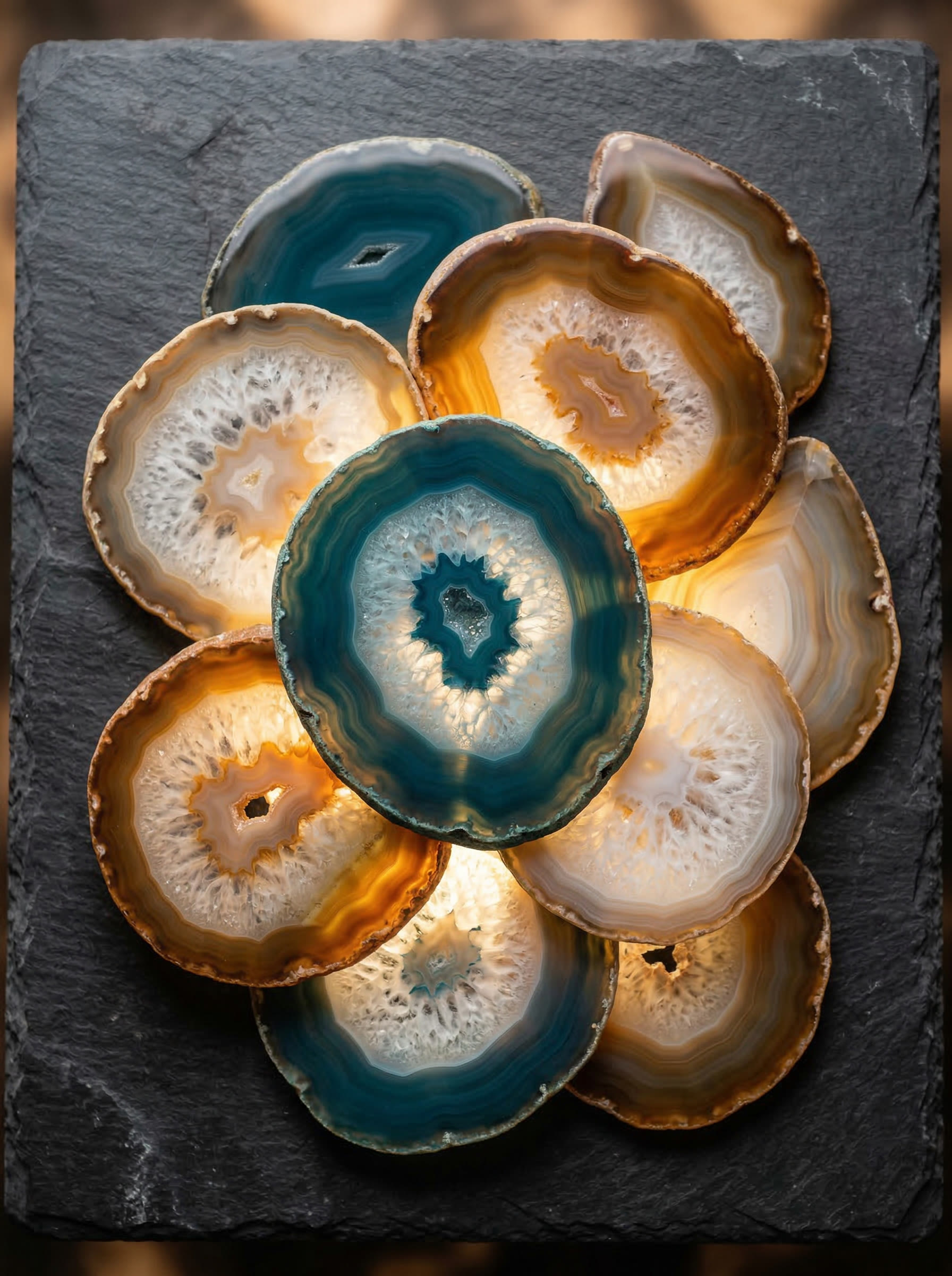 Polished gemstone slabs showing intricate natural patterns