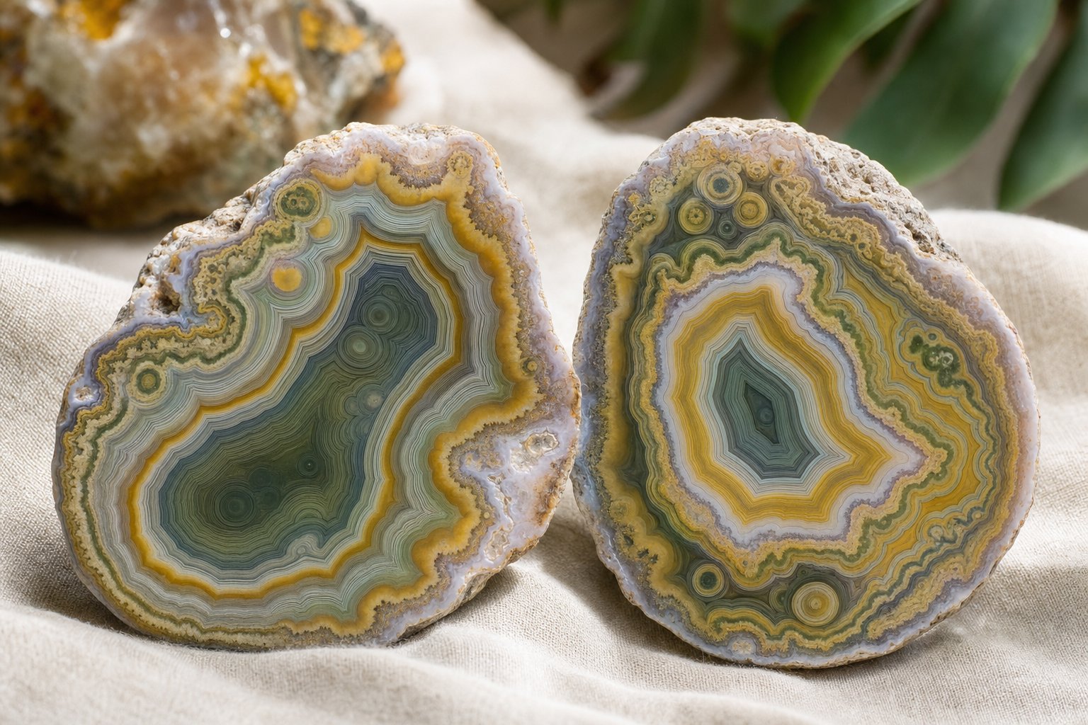 Polished Island Agate halves showing vivid banded chalcedony with yellow, green, and grey fortification patterns
