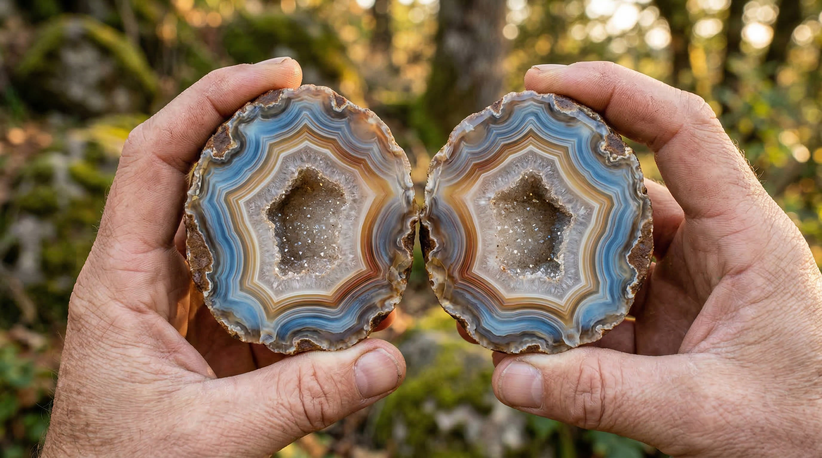 A cracked-open thunderegg revealing a stunning interior crystal formation