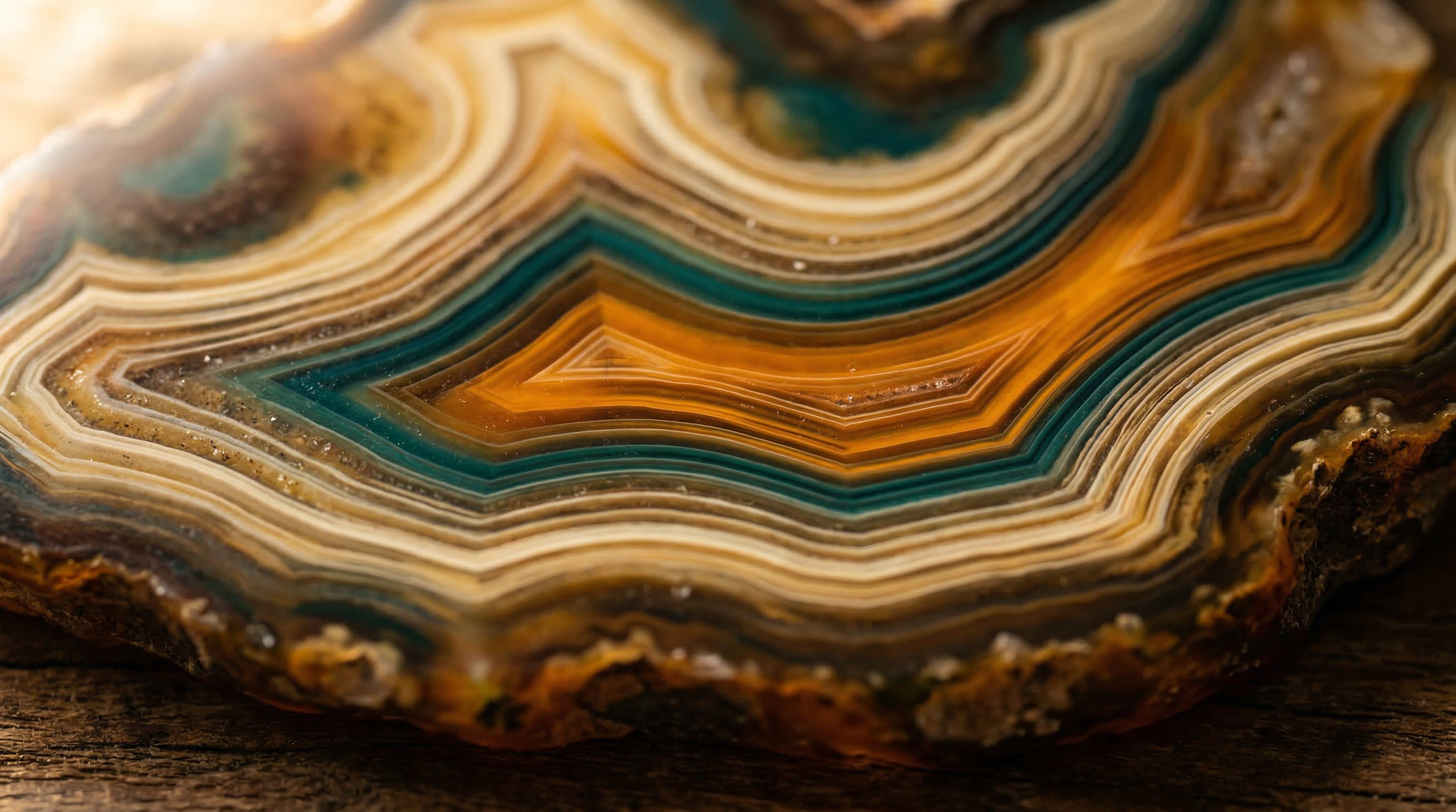 Close-up of a polished Oregon agate with warm earth tones